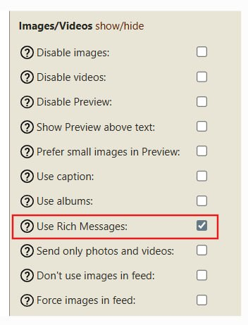 Feed settings with Use Rich Messages checked and captions and albums unchecked